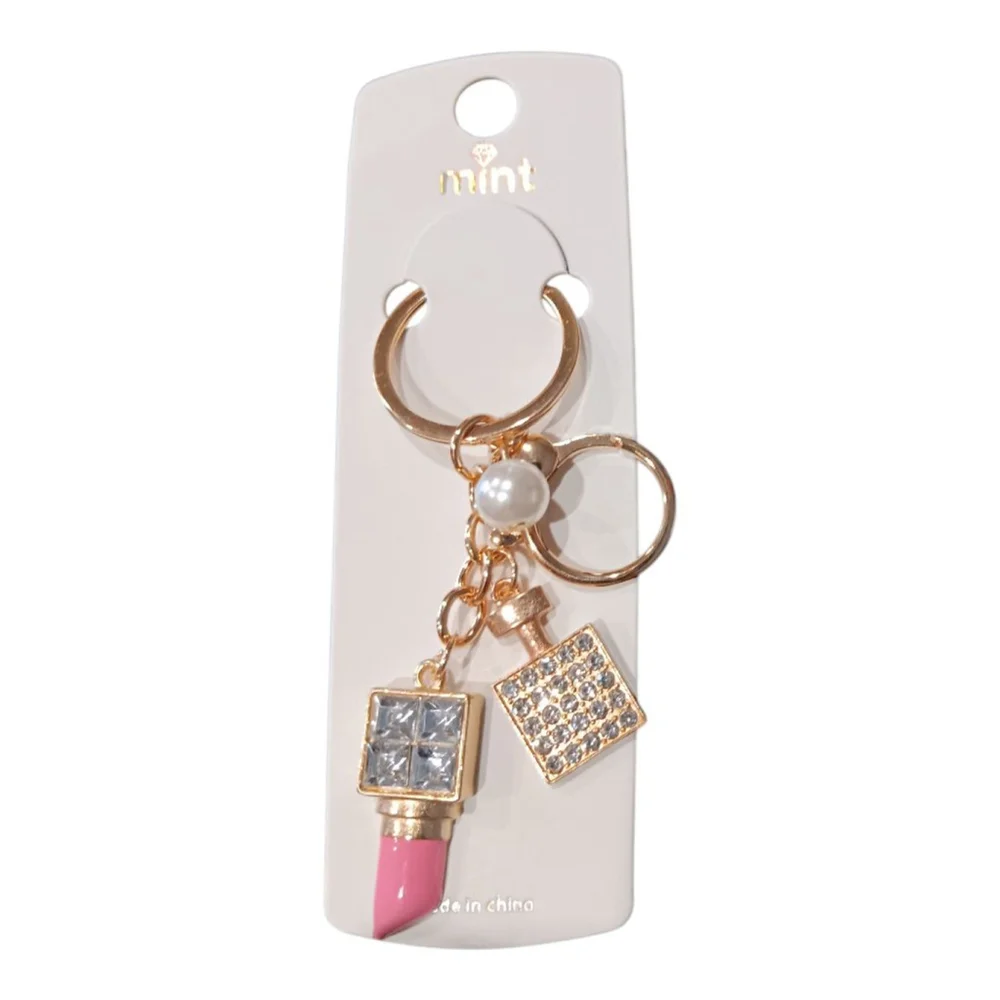 Lipstick, Perfume Bottle, Pearl Rhinestone Purse Charm Keychain in Pink Bling